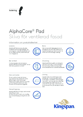 Räd för hantering AlphaCore Pad | Kingspan Insulation AB | Lattira Source