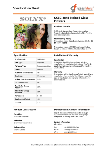 SXEG-4848 Stained Glass Flowers Specification Sheet