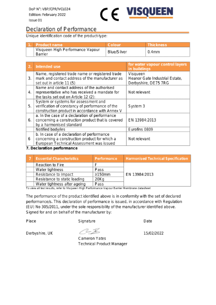 VCL CE Visqueen High Performance Vapour Barrier Declaration of Performance