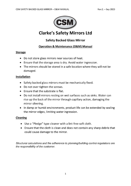 Safety Backed Glass Mirrors O&M Manual