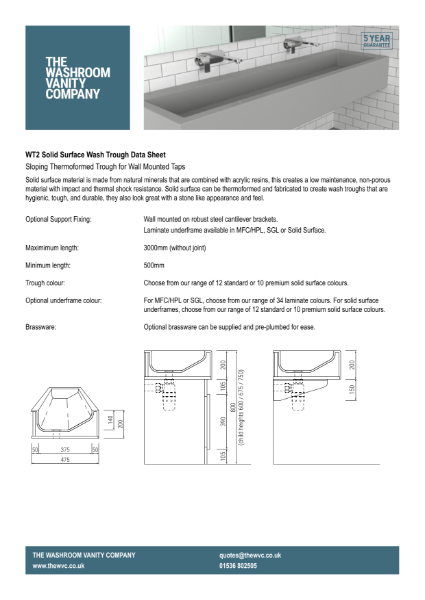 WT2 – Sloping Thermoformed Wash Trough without Tap Deck Datasheet