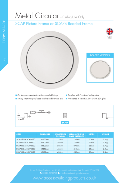 Circular ceiling access panel data sheet