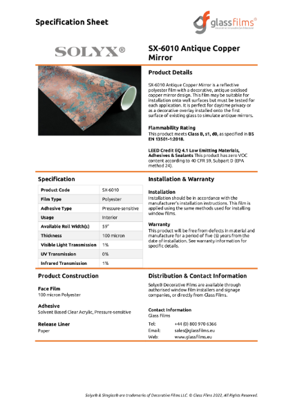SX-6010 Antique Copper Mirror Specification Sheet
