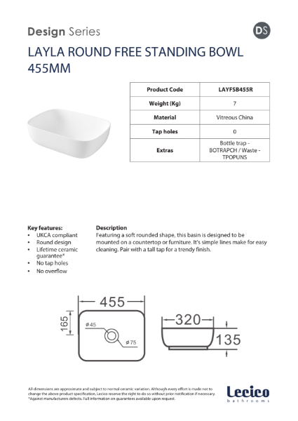 Layla Round Free Standing Bowl 455mm