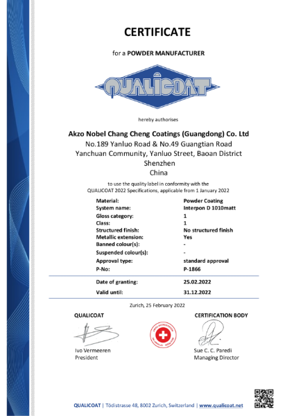 Powder Coating Qualicoat 1 Certificate 2022