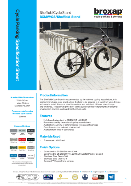 Sheffield Cycle Stand Specification Sheet