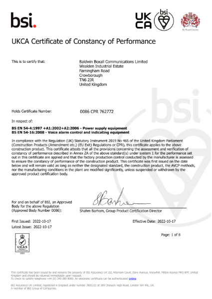 BSI UKCA Voice Alarm EN54-4 and EN54-16 certificate