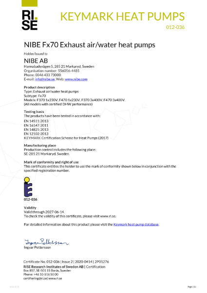 NIBE F470 HP Keymark Certificate C012-036