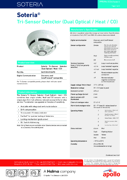Soteria® Tri-Sensor Detector (Dual Optical / Heat / CO)