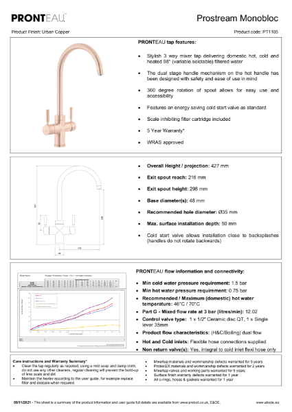 PT1105 Prostream (Urban Copper), 3 IN 1 Steaming Hot Water Tap - Consumer Specification