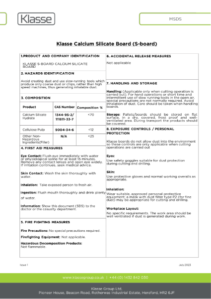 Klasse Calcium Silicate Board (S-board) MSDS