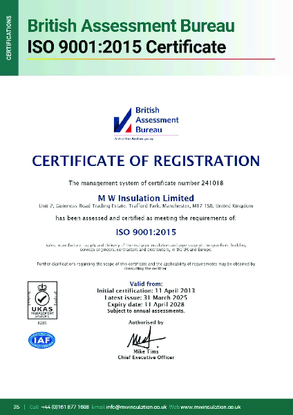 MW Insulation Ltd - ISO 9001 Certificate