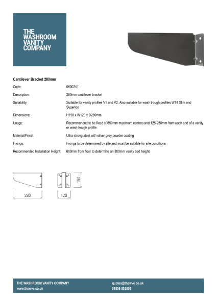 Wash Trough Cantilever Bracket - 280mm