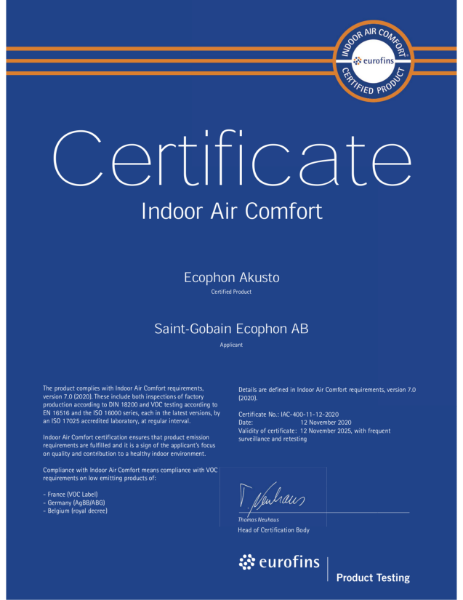 Ecophon Eurofins Certificate - Akusto - Indoor Air Comfort - November 2025