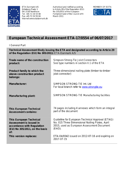 European Technical Assessment ETA-17/0554 of 06/07/2017