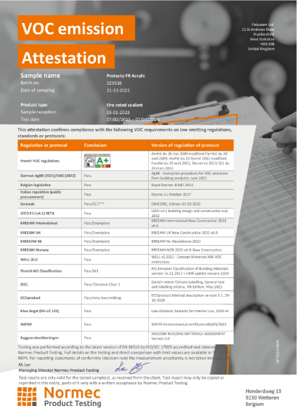Protecta FR Acrylic VOC Emission Attestation