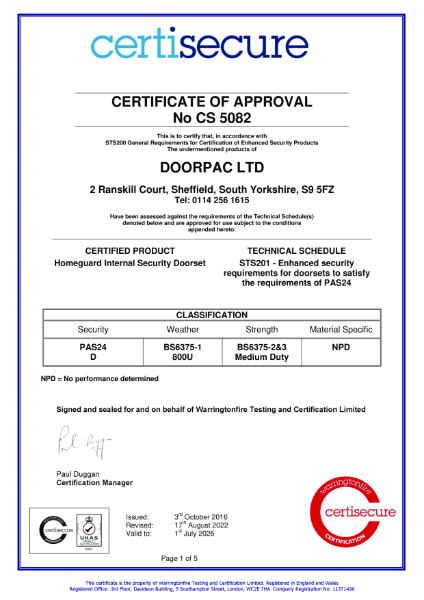 Doorpac CS5082 PAS24 Certisecure Certificate