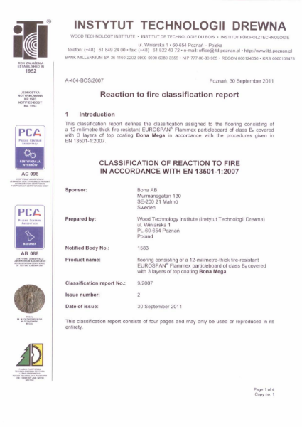 Bona Mega -EN13501-1 Reaction to Fire Classification Report