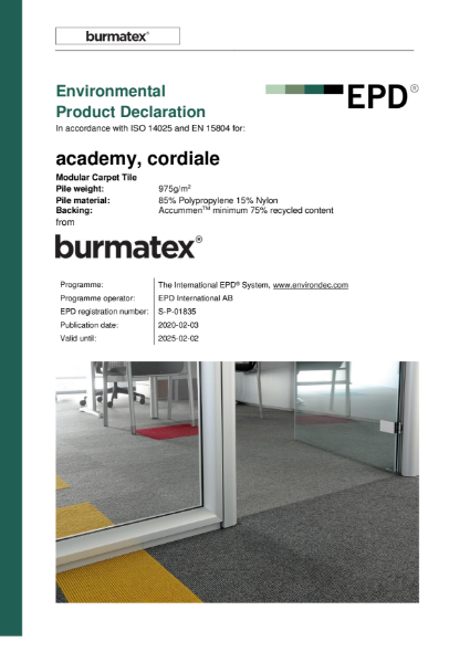 EPD certificate for carpet tiles academy & cordiale