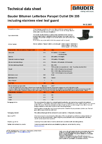 Bauder Bitumen Letterbox Parapet Outlet DN 205 including ss leaf guard