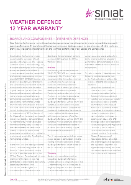 Etex Siniat Weather Defence 12 Year Warranty