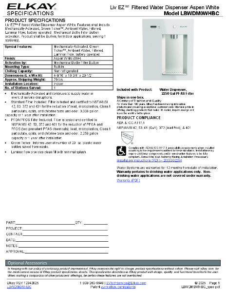 Elkay LBWDM0 Technical Data Sheet