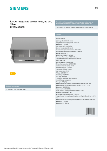 iQ100, Integrated cooker hood, 60 cm, Silver LE66MAC00B