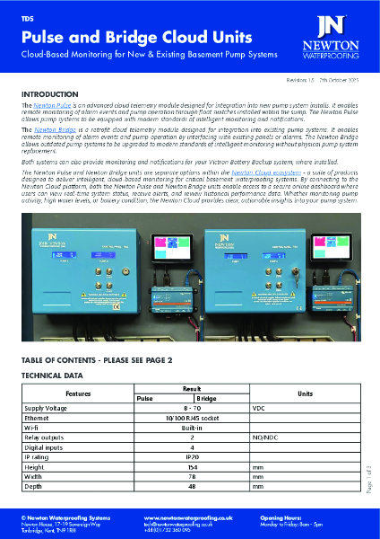 Newton Cloud Pulse and Bridge Technical Data Sheet