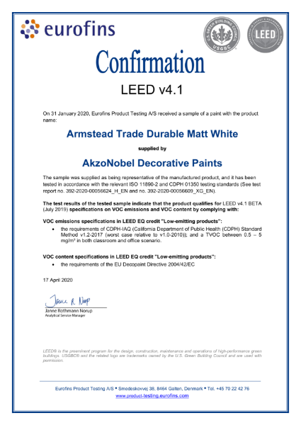 Dulux Trade Durable Flat Matt LEED Attestation