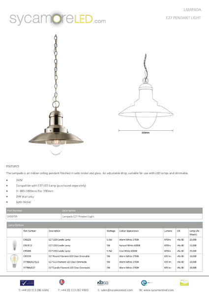 Specification Sheet for Lampada E27 Pendant Light