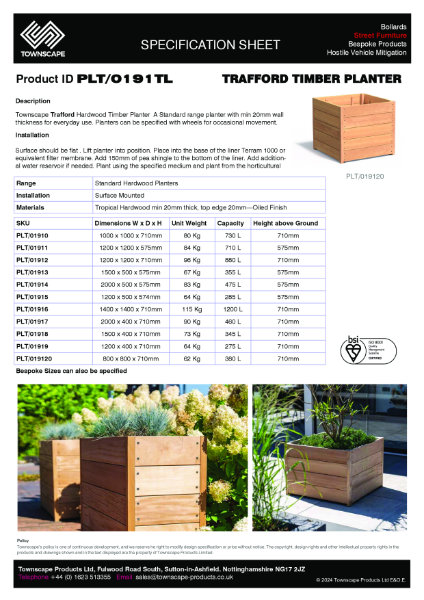 PLT 191 Trafford Timber Planter Range Specification sheet