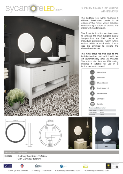 Specification Sheet for Sudbury Illuminated Mirror