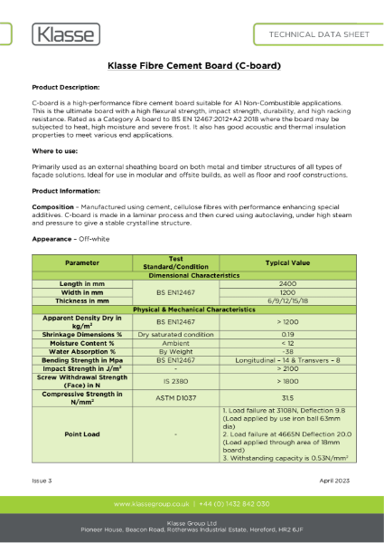 Klasse Fibre Cement Board C Board TDS Klasse Group Ltd NBS Source