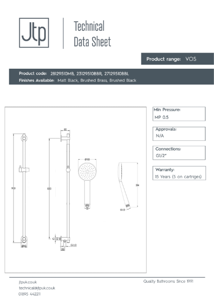 VOS Slide Rail With Round Shower Handle And Hose – Product Data Sheet