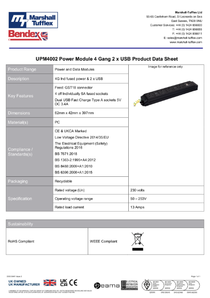 UPM4002 Power Module 4 Gang 2 x USB Product Data Sheet