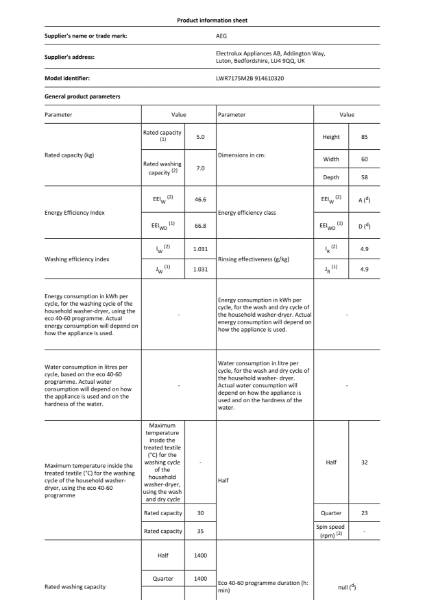 LWR7175M2B - Product Information Sheet