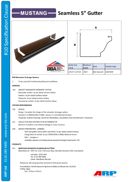 Mustang Seamless Aluminium Gutter System R10 Specification