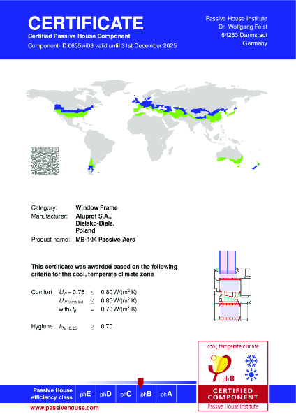 Aluprof MB-104 AERO Window - Passivhaus Certificate phB