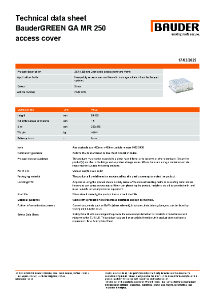 BauderGREEN GA MR 250 Technical Data Sheet