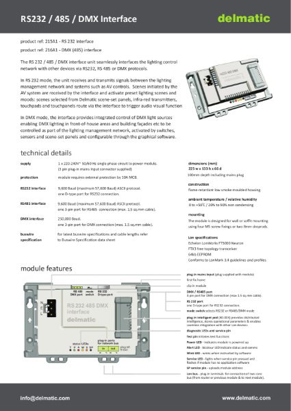 Delmatic - RS232 / 485 / DMX Interface - Data sheet | NBS Source