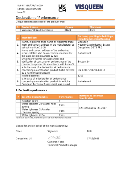 Tanking UKCA Visqueen V8 Wall Membrane Declaration of Performance
