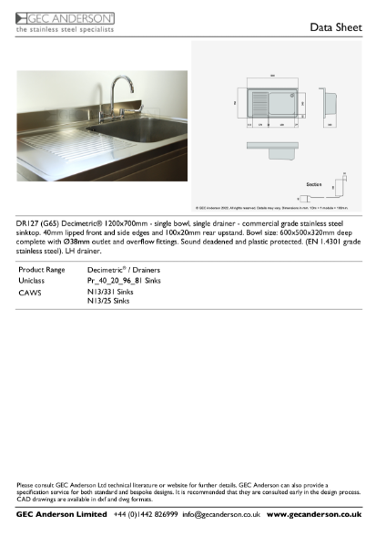 GEC Anderson Data Sheet - DR127 (G65)L Single Bowl With Drainer