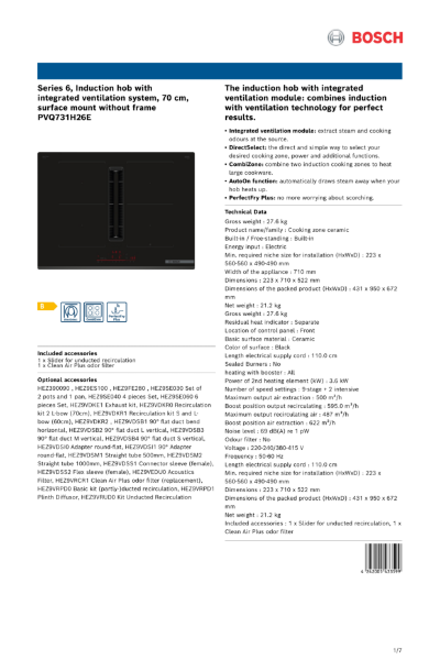 Series 6, Induction hob with
integrated ventilation system, 70 cm,
surface mount without frame
PVQ731H26E