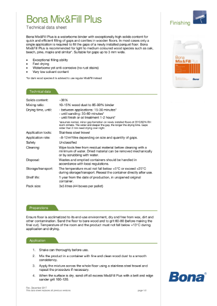 Bona Mix&Fill Plus - Technical Data Sheet