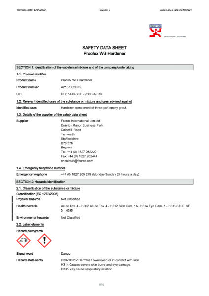 Proofex WG Hardener Safety Datasheet