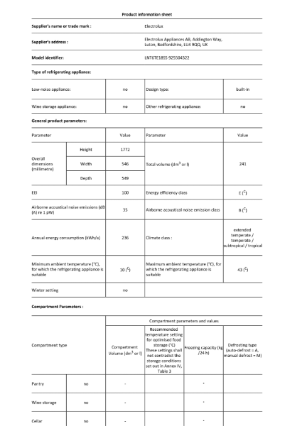 LNT6TE18S5 - Product Information Sheet