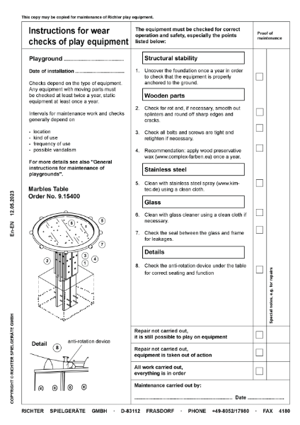 Timberplay Games - Marbles Table - Maintenance Instructions