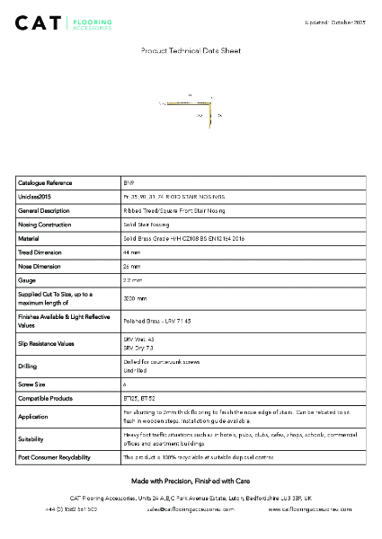 BN9 Polished Brass Technical Datasheet