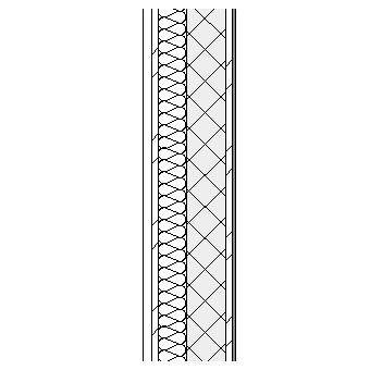 Terracotta panels with metal frame, weather barrier, insulation, concrete block and plasterboard lining on metal furrings