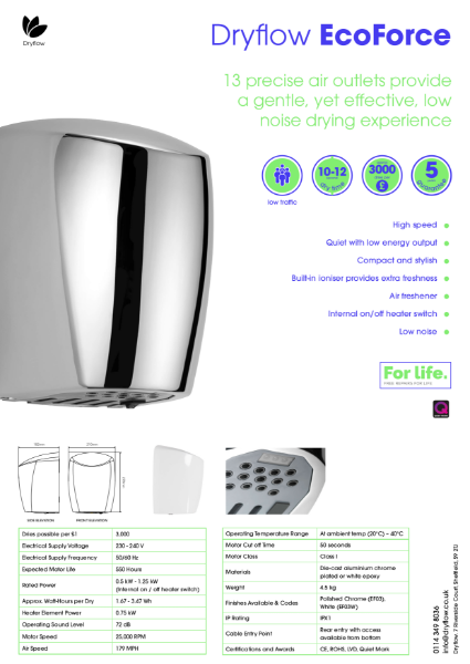 Hand Dryer Spec Sheet - Dryflow® EcoForce Hand Dryer